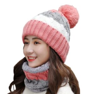 Alexvyan Twist Color Winter Very Soft Warm 1 Set Snow Proof Knitted Ball Cap (Inside Fur) Woolen Beanie Cap + Neck Muffler Scarf Set for Ladies Women Girl