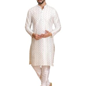 Ethluxis Men's Silk Blend Embroidered Kurta with White Churidar Set