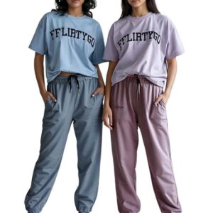 Fflirtygo Cotton Solid Joggers/Track Pant/Solid Pajama/Leggings �100% Export Quality Soft Cotton Night Wear/Pocket Pyjama for Women Combo Pack of 2Pcs, Blue and Grey