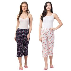 Fflirtygo Women's Cotton Printed Nightwear Capris Pack of 2