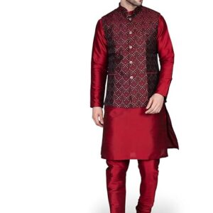 Ethluxis® Men's Silk Blend Kurta Churidar Pyjama with Ethnic Bundi Jacket Set