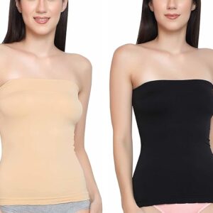 GLAMORAS® Women's Nylon Spandex Long Bandeau Tube Top Inner Camisole Non Padded Wire Free Seamless Strapless Stretchable Bralette - Free Size Pack of 2