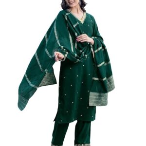 SIRIL Women's Rayon Viscose Sequence Embroidered Straight Kurta Pant with Dupatta Set