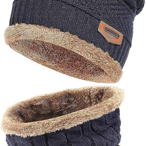 INFISPACE Winter Woolen Unisex Fur Fleece Lined Stylish Beanie Knitted Cap with Neck Warmer for Men and Women