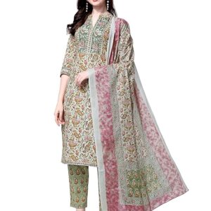 MIRCHI FASHION Women's Designer Straight Fit Cotton Printed and Embellished Kurta Set with Trouser Pant and Dupatta